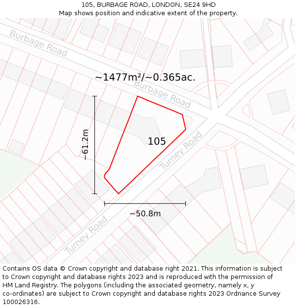 105, BURBAGE ROAD, LONDON, SE24 9HD: Plot and title map