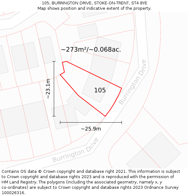 105, BURRINGTON DRIVE, STOKE-ON-TRENT, ST4 8YE: Plot and title map
