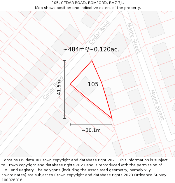 105, CEDAR ROAD, ROMFORD, RM7 7JU: Plot and title map