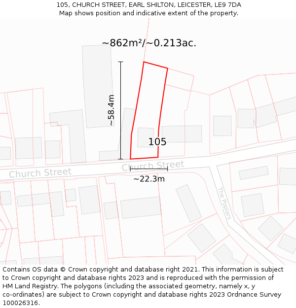 105, CHURCH STREET, EARL SHILTON, LEICESTER, LE9 7DA: Plot and title map