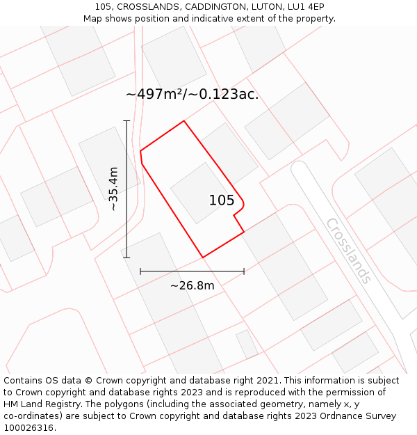 105, CROSSLANDS, CADDINGTON, LUTON, LU1 4EP: Plot and title map