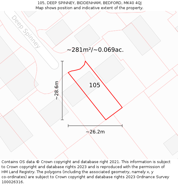 105, DEEP SPINNEY, BIDDENHAM, BEDFORD, MK40 4QJ: Plot and title map