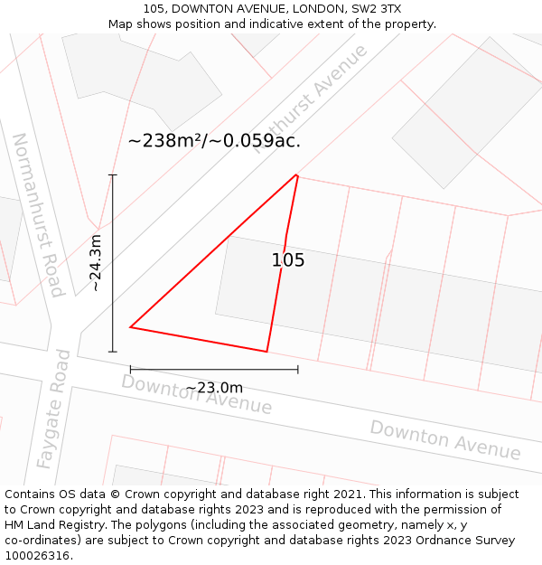 105, DOWNTON AVENUE, LONDON, SW2 3TX: Plot and title map