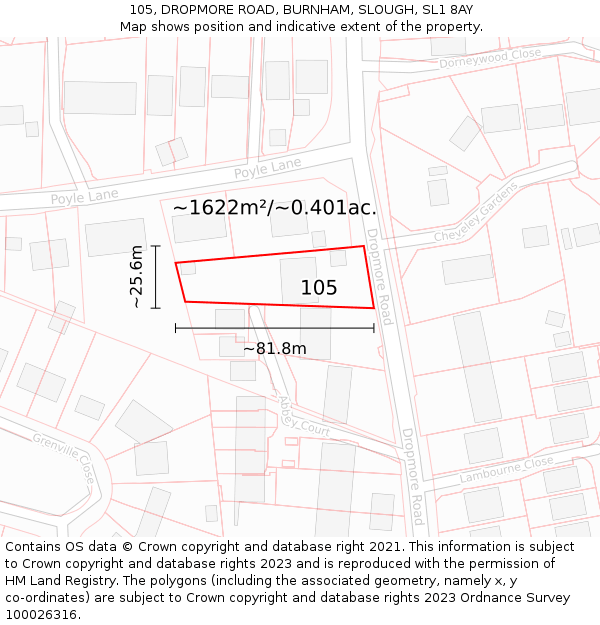 105, DROPMORE ROAD, BURNHAM, SLOUGH, SL1 8AY: Plot and title map