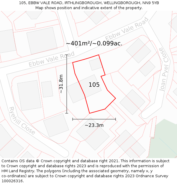 105, EBBW VALE ROAD, IRTHLINGBOROUGH, WELLINGBOROUGH, NN9 5YB: Plot and title map