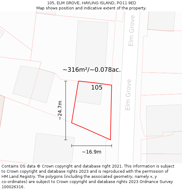 105, ELM GROVE, HAYLING ISLAND, PO11 9ED: Plot and title map