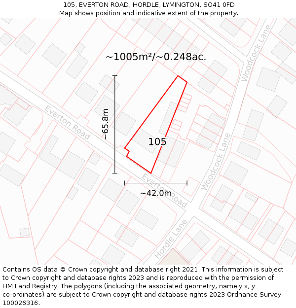 105, EVERTON ROAD, HORDLE, LYMINGTON, SO41 0FD: Plot and title map