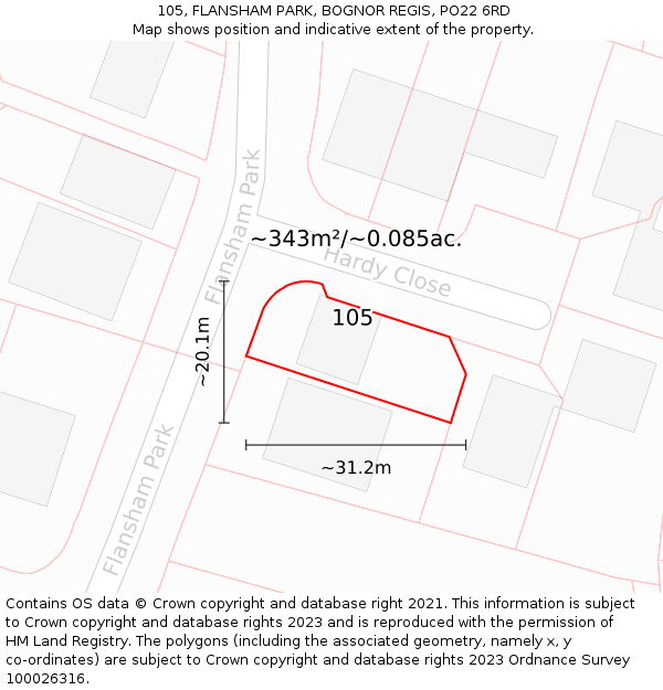 105, FLANSHAM PARK, BOGNOR REGIS, PO22 6RD: Plot and title map