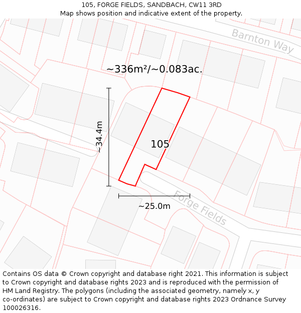 105, FORGE FIELDS, SANDBACH, CW11 3RD: Plot and title map