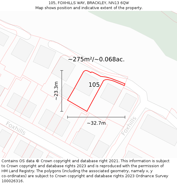 105, FOXHILLS WAY, BRACKLEY, NN13 6QW: Plot and title map