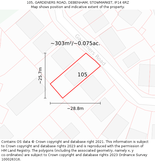 105, GARDENERS ROAD, DEBENHAM, STOWMARKET, IP14 6RZ: Plot and title map