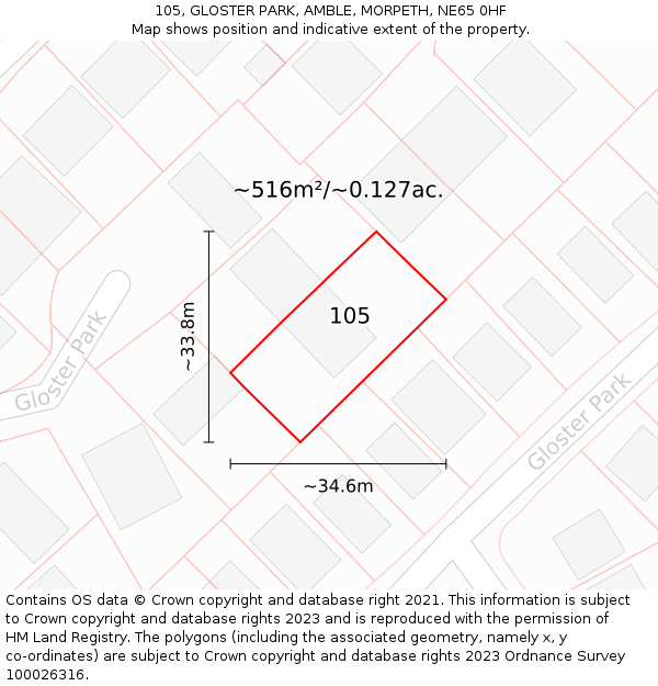 105, GLOSTER PARK, AMBLE, MORPETH, NE65 0HF: Plot and title map