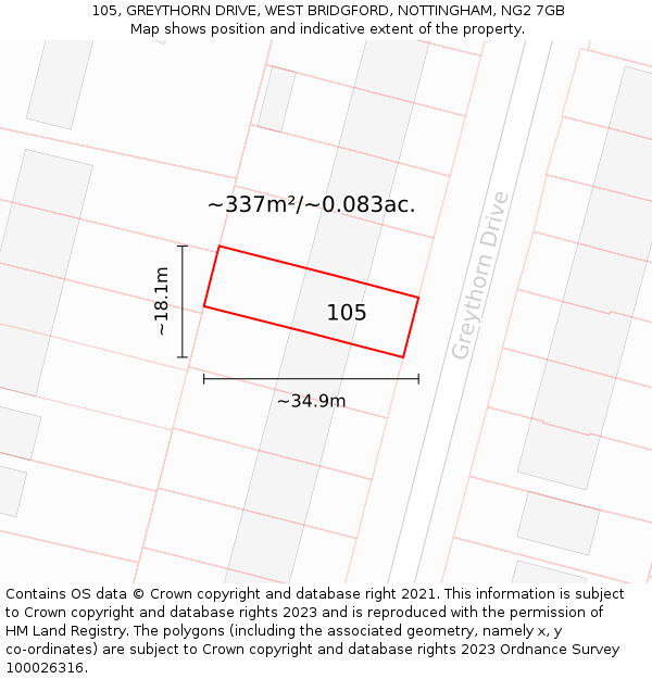 105, GREYTHORN DRIVE, WEST BRIDGFORD, NOTTINGHAM, NG2 7GB: Plot and title map