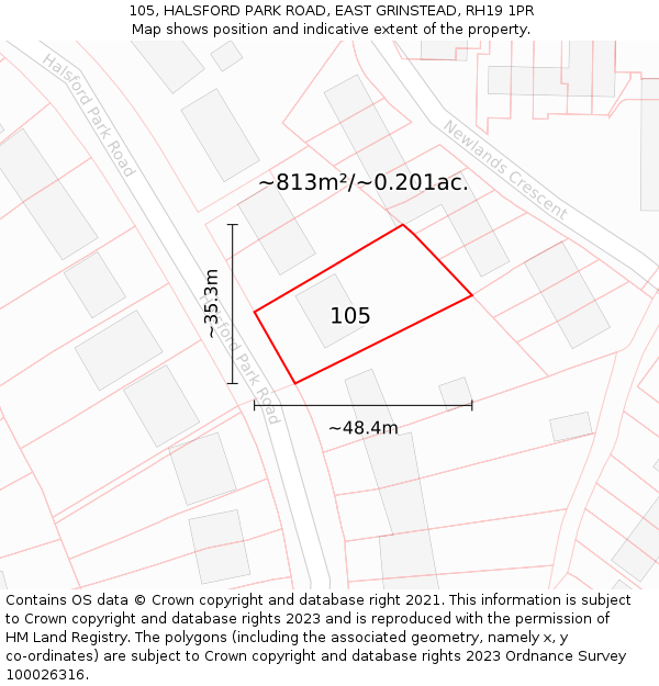 105, HALSFORD PARK ROAD, EAST GRINSTEAD, RH19 1PR: Plot and title map