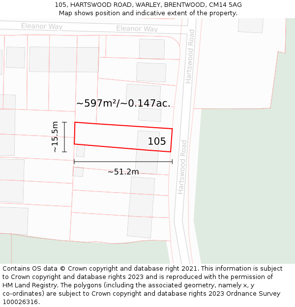 105, HARTSWOOD ROAD, WARLEY, BRENTWOOD, CM14 5AG: Plot and title map