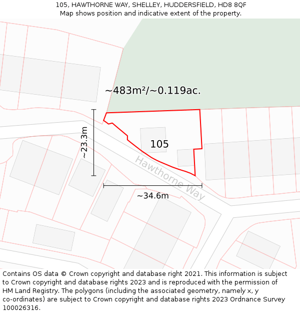 105, HAWTHORNE WAY, SHELLEY, HUDDERSFIELD, HD8 8QF: Plot and title map