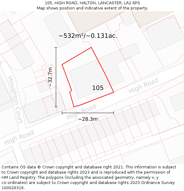 105, HIGH ROAD, HALTON, LANCASTER, LA2 6PS: Plot and title map