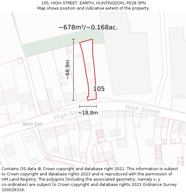 105, HIGH STREET, EARITH, HUNTINGDON, PE28 3PN: Plot and title map