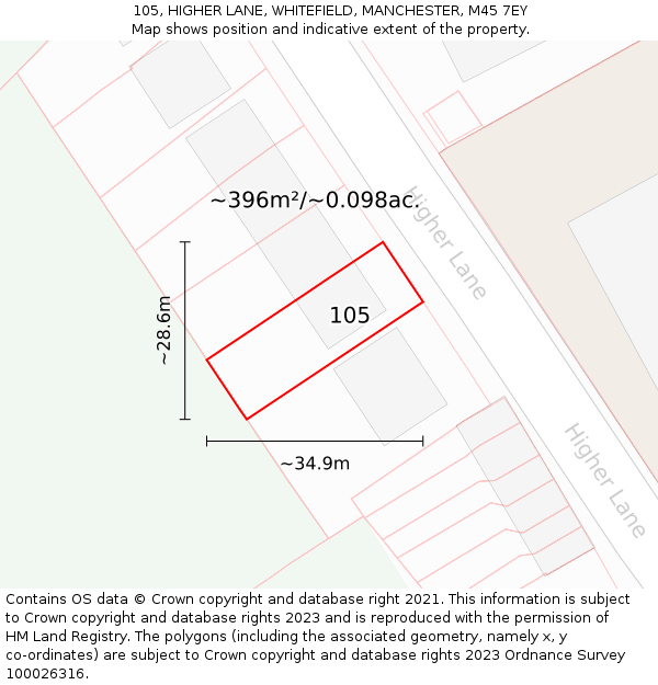 105, HIGHER LANE, WHITEFIELD, MANCHESTER, M45 7EY: Plot and title map