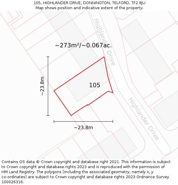 105, HIGHLANDER DRIVE, DONNINGTON, TELFORD, TF2 8JU: Plot and title map