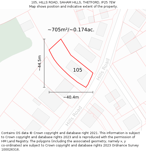 105, HILLS ROAD, SAHAM HILLS, THETFORD, IP25 7EW: Plot and title map