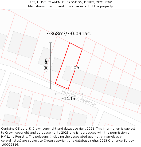 105, HUNTLEY AVENUE, SPONDON, DERBY, DE21 7DW: Plot and title map