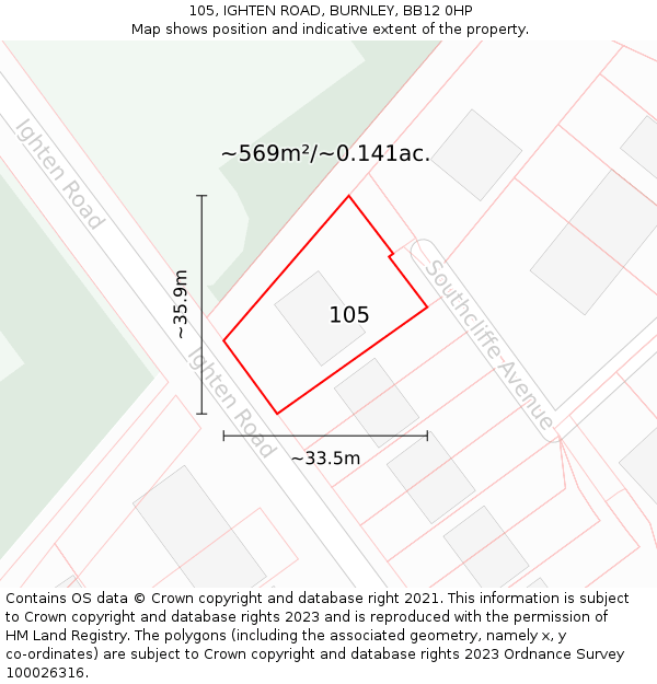 105, IGHTEN ROAD, BURNLEY, BB12 0HP: Plot and title map