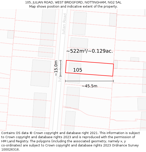 105, JULIAN ROAD, WEST BRIDGFORD, NOTTINGHAM, NG2 5AL: Plot and title map