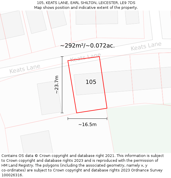 105, KEATS LANE, EARL SHILTON, LEICESTER, LE9 7DS: Plot and title map