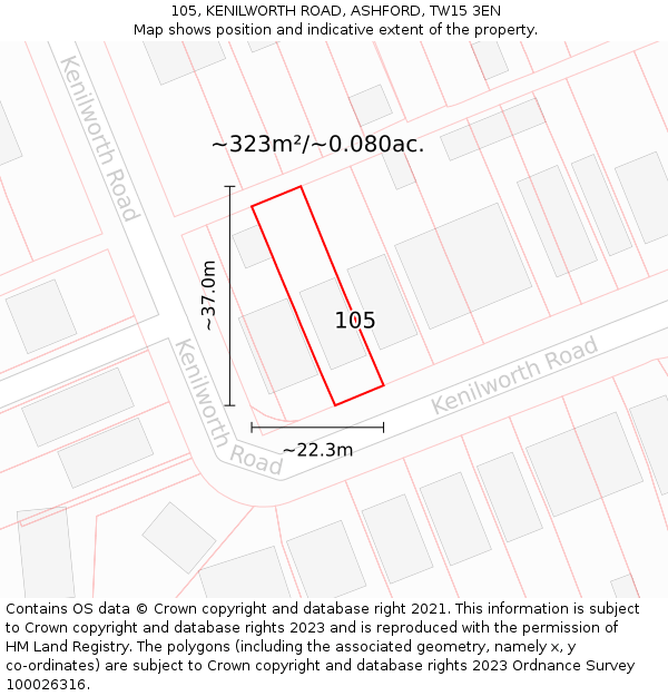 105, KENILWORTH ROAD, ASHFORD, TW15 3EN: Plot and title map