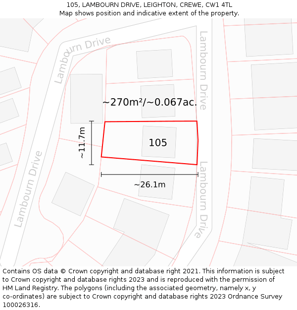 105, LAMBOURN DRIVE, LEIGHTON, CREWE, CW1 4TL: Plot and title map