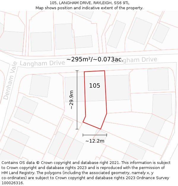 105, LANGHAM DRIVE, RAYLEIGH, SS6 9TL: Plot and title map