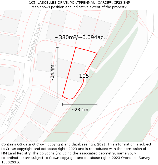 105, LASCELLES DRIVE, PONTPRENNAU, CARDIFF, CF23 8NP: Plot and title map