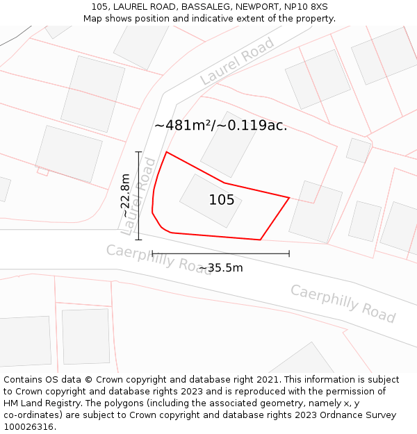 105, LAUREL ROAD, BASSALEG, NEWPORT, NP10 8XS: Plot and title map