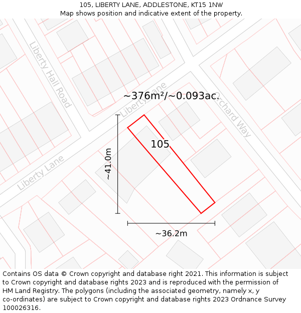 105, LIBERTY LANE, ADDLESTONE, KT15 1NW: Plot and title map