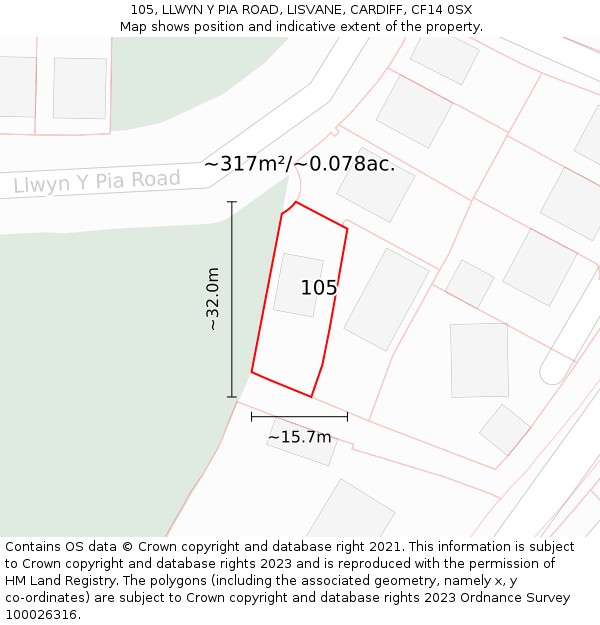 105, LLWYN Y PIA ROAD, LISVANE, CARDIFF, CF14 0SX: Plot and title map