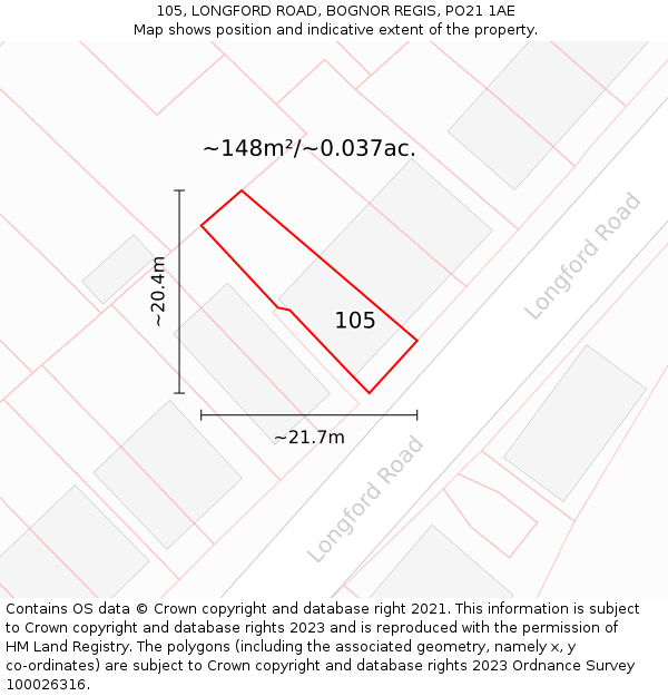 105, LONGFORD ROAD, BOGNOR REGIS, PO21 1AE: Plot and title map