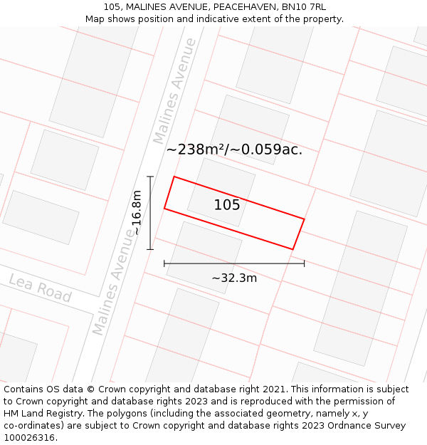 105, MALINES AVENUE, PEACEHAVEN, BN10 7RL: Plot and title map