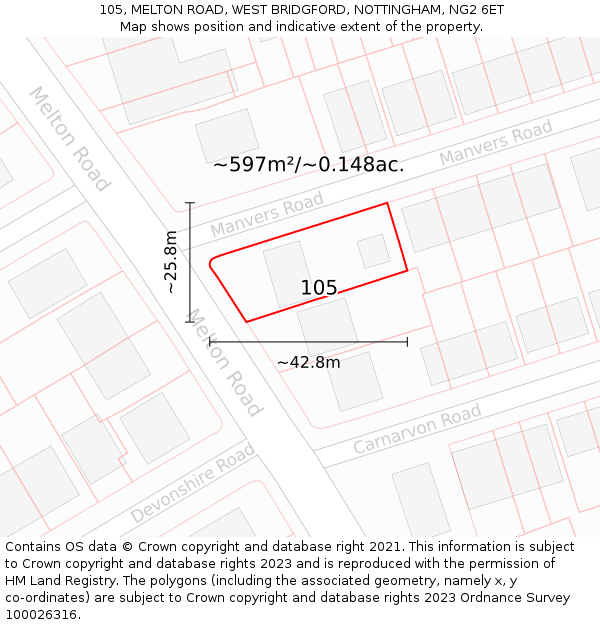 105, MELTON ROAD, WEST BRIDGFORD, NOTTINGHAM, NG2 6ET: Plot and title map