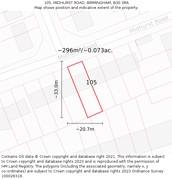 105, MIDHURST ROAD, BIRMINGHAM, B30 3RA: Plot and title map