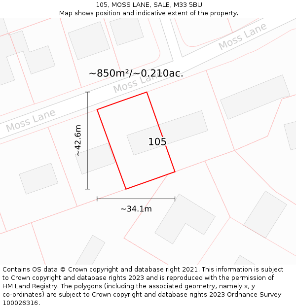 105, MOSS LANE, SALE, M33 5BU: Plot and title map