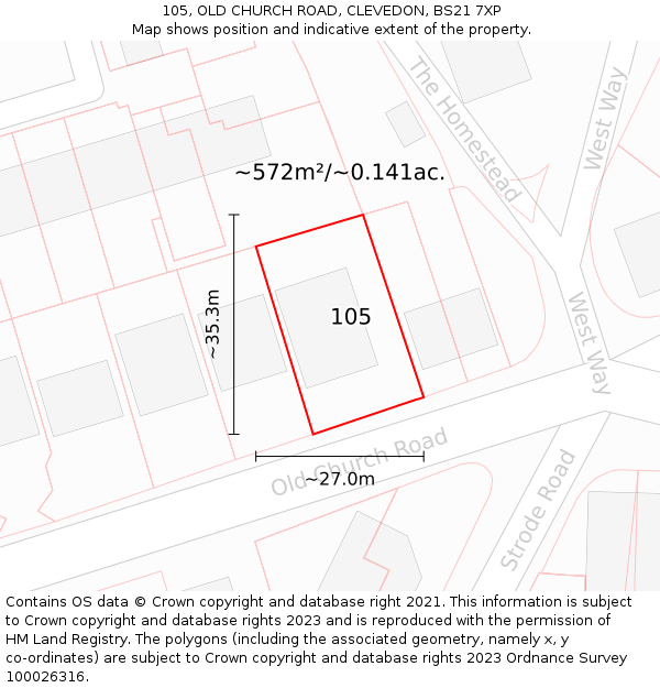 105, OLD CHURCH ROAD, CLEVEDON, BS21 7XP: Plot and title map