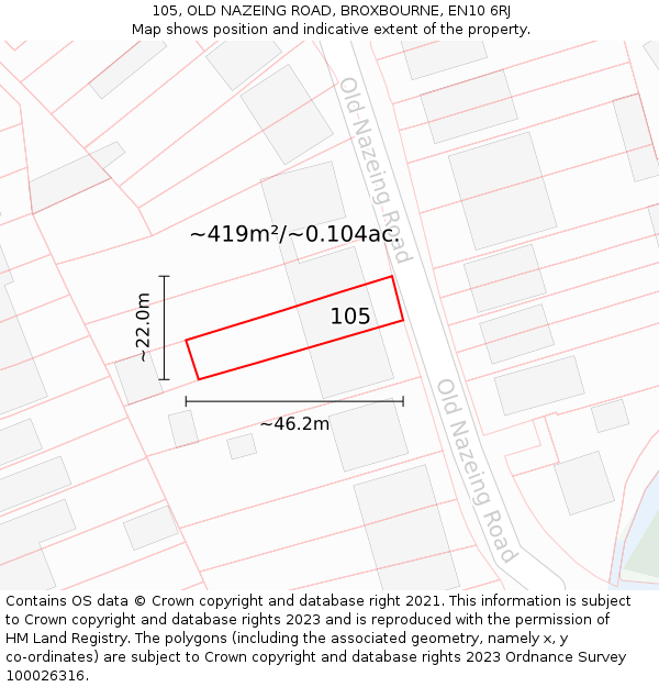 105, OLD NAZEING ROAD, BROXBOURNE, EN10 6RJ: Plot and title map