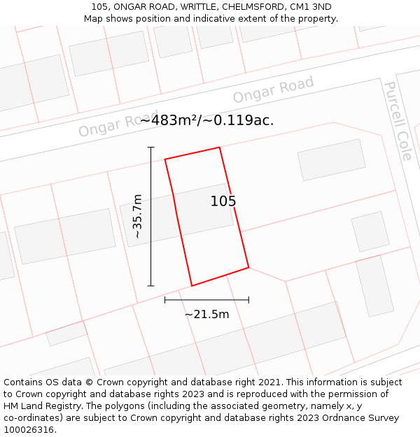 105, ONGAR ROAD, WRITTLE, CHELMSFORD, CM1 3ND: Plot and title map