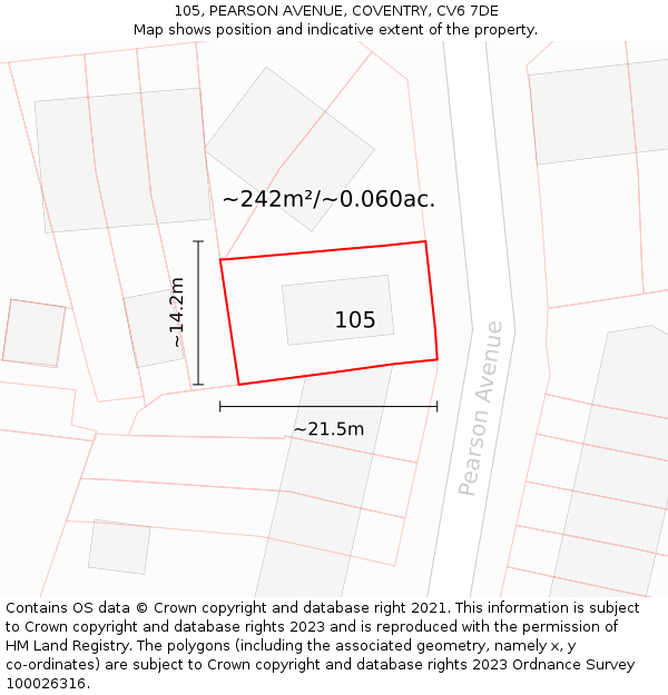 105, PEARSON AVENUE, COVENTRY, CV6 7DE: Plot and title map