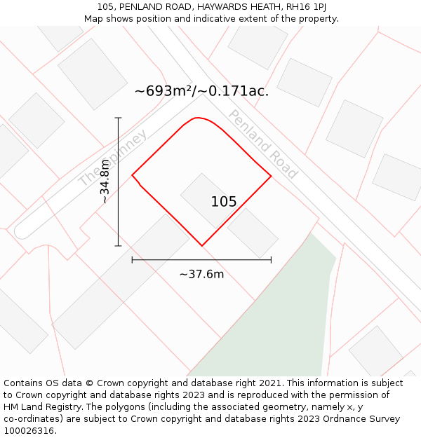 105, PENLAND ROAD, HAYWARDS HEATH, RH16 1PJ: Plot and title map