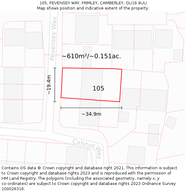 105, PEVENSEY WAY, FRIMLEY, CAMBERLEY, GU16 9UU: Plot and title map