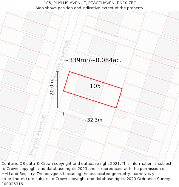 105, PHYLLIS AVENUE, PEACEHAVEN, BN10 7RG: Plot and title map