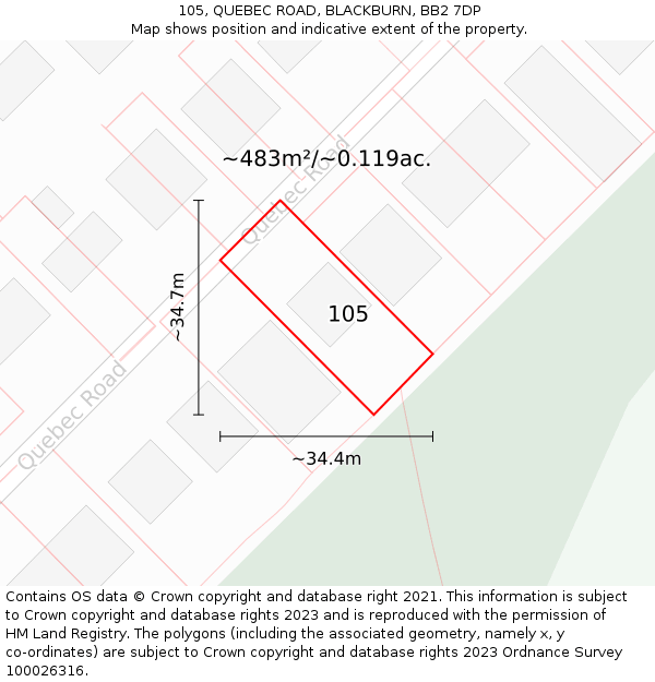 105, QUEBEC ROAD, BLACKBURN, BB2 7DP: Plot and title map