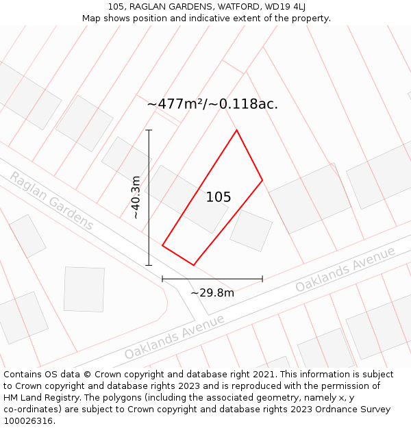 105, RAGLAN GARDENS, WATFORD, WD19 4LJ: Plot and title map